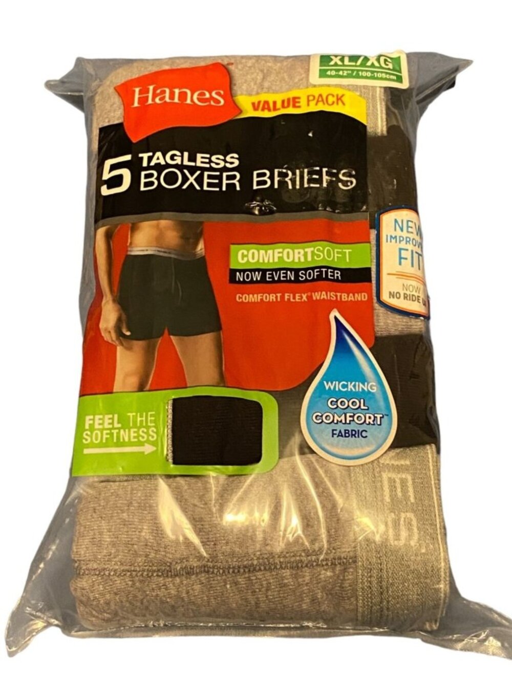 HANES Tagless Boxer Briefs Size XL 5 Pairs Gray Black Cotton Blend